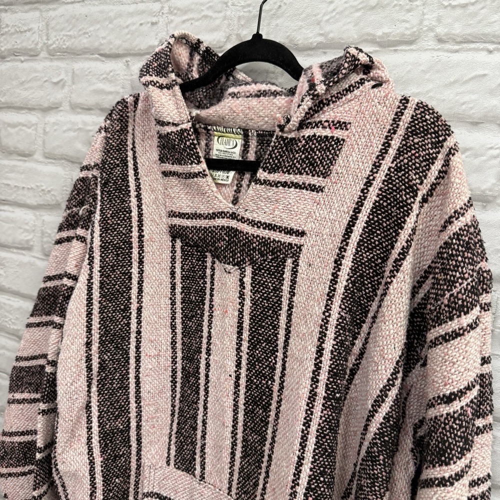 Mexican Poncho Baja Hoodie Surfer Skater Drug Rug Pullover Pink Black Stripes 2X - Picture 4 of 13